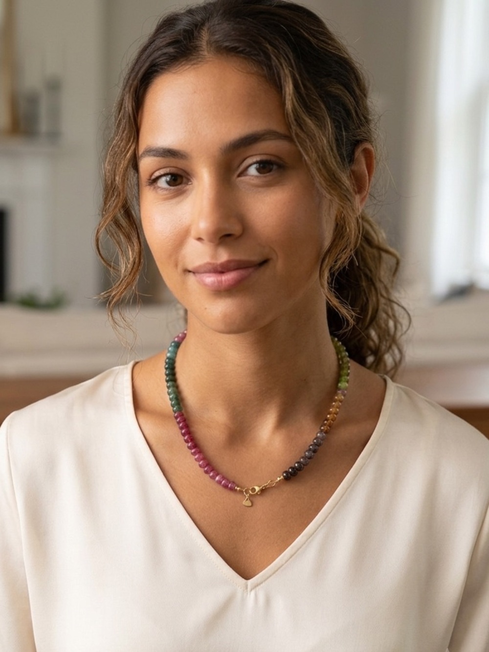 Multi-Color Beaded Gemstone Necklace & Stainless Steel Clasp
